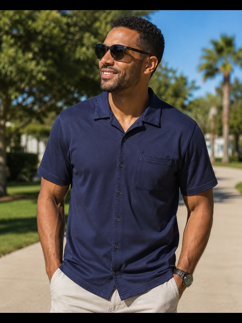 COOFANDY Mens Navy Blue Camp Collar Short Sleeve Button Down Shirt Pocket XL